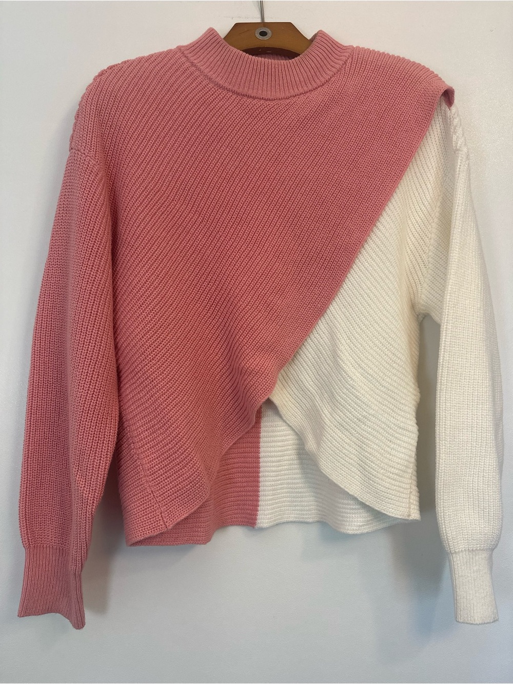Bar III Pink and White Diagonal Colorblock Mock Neck Sweater